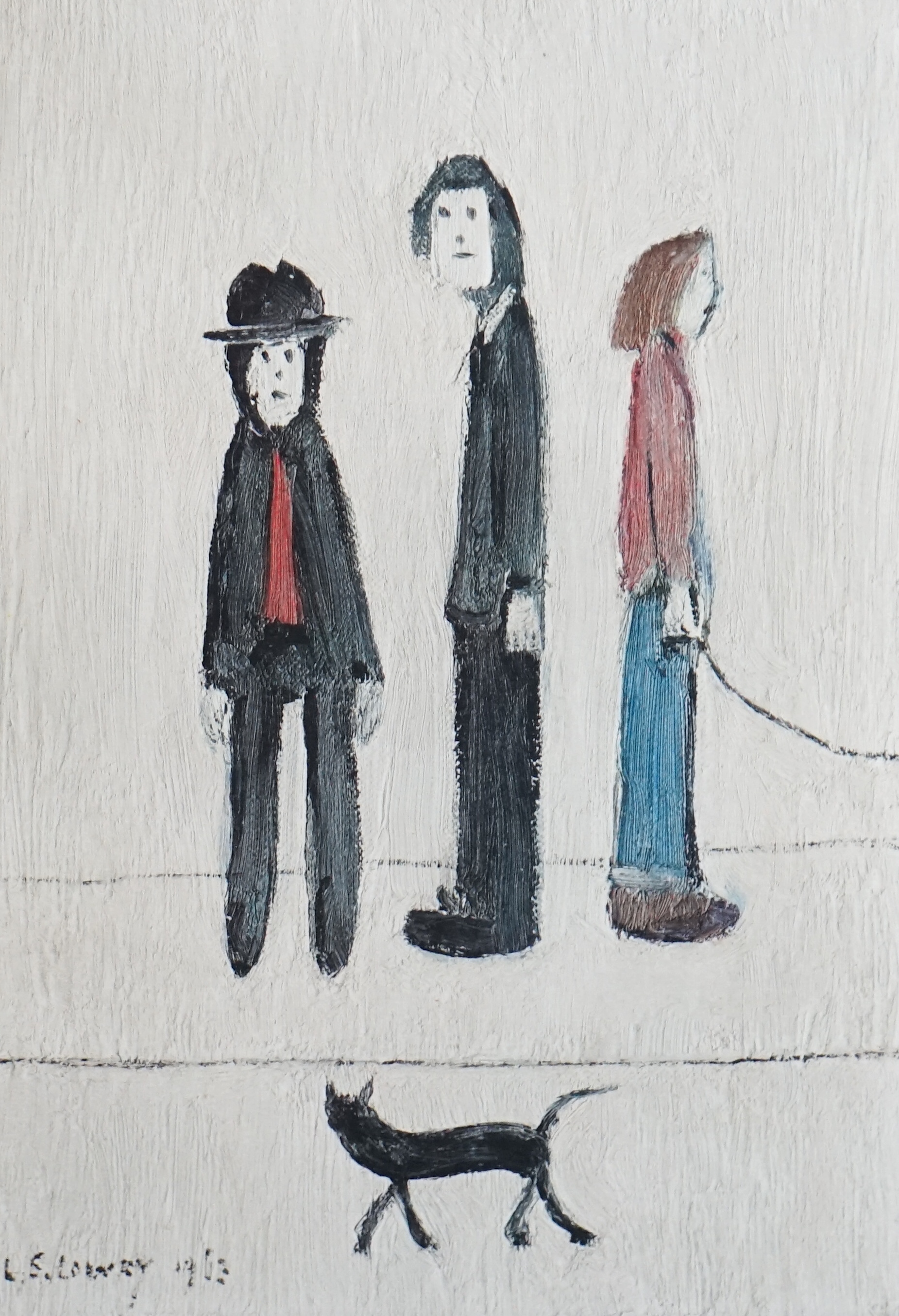 Laurence Stephen Lowry RBA RA, (British 1887-1976), Three men and a cat, offset lithograph in colours on wove, 28 x 19cm